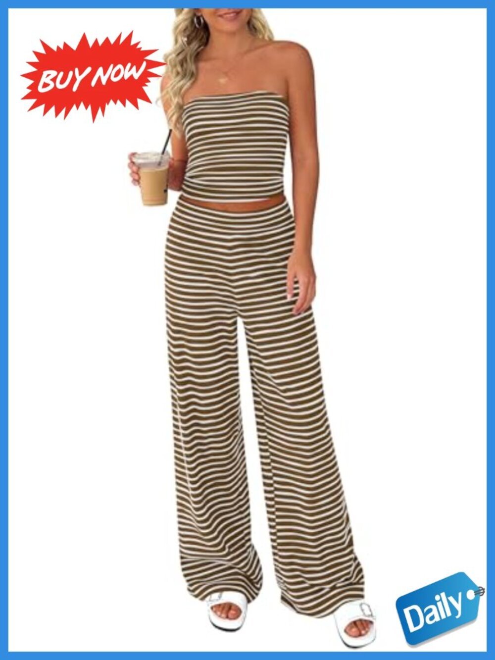 Women's Striped 2 Piece Lounge Set Strapless Tube Top Wide Leg Pants